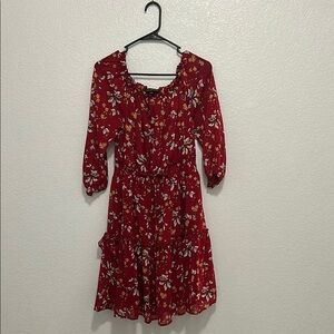 Floral Red Dress with Ruffle Details